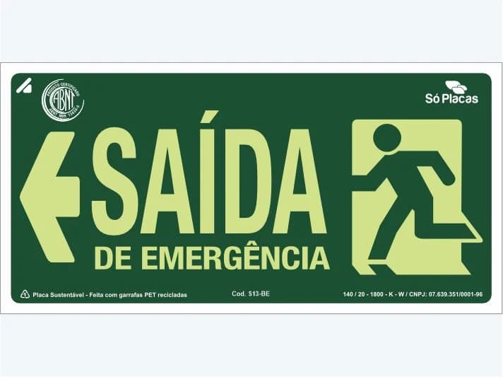Placa de rota de fuga S13-BE: Saída de Emergência com Seta para Esquerda