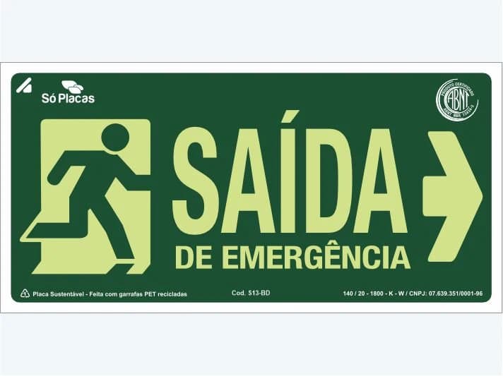 Placa de rota de fuga S13-BD: Saída de Emergência com Seta para Direita