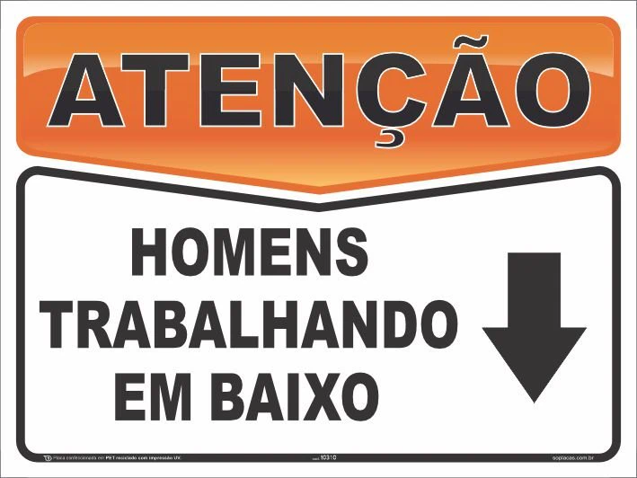 Placa de atenção com a mensagem: Homens trabalhando em baixo
