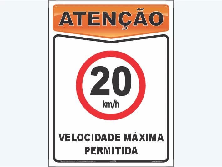Placa de atenção com a mensagem: 20 km/h Velocidade máxima permitida